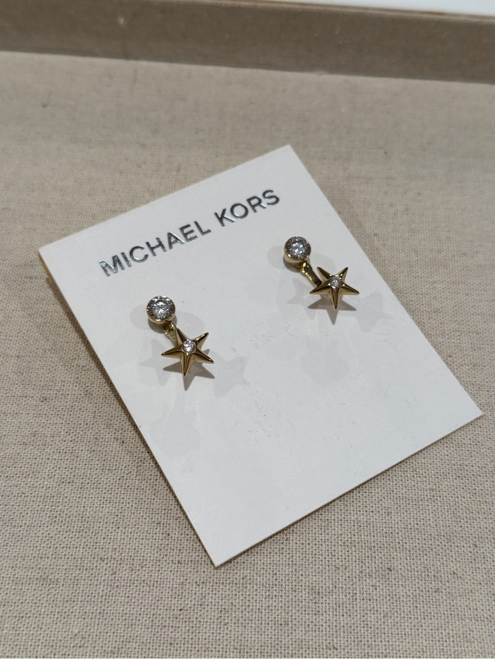 Michael Kors Gold Star Drop Earrings with Clear Crystals- 2 in 1
